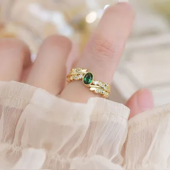Nobre Estilo de Esmeralda, Cristal Design Aberto Anel para as Mulheres 14K Real Folhas de Ouro de Forma Ajustável Zircão Senhora Anéis de Jóias de Casamento