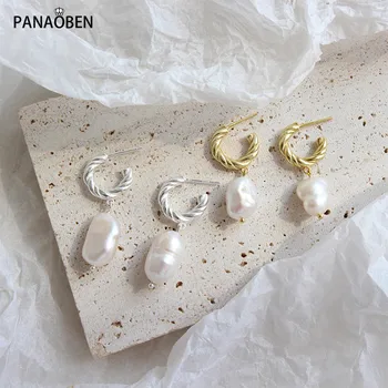 PANAOBEN 925 brincos de Prata para mulheres de Ouro Grande Irregulares Pearl Drop Brinco, Piercing Ohrringe Moda Jóias de Luxo
