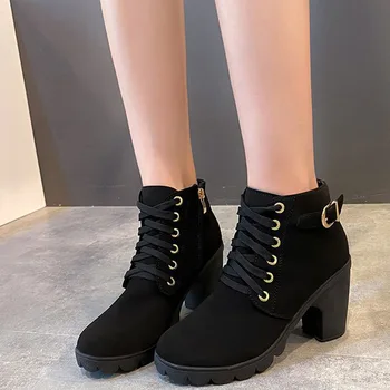 Plus Size 35-42 Mulheres Bombas de Botas de Alta Qualidade Lace-up Europeu do PLUTÔNIO das Senhoras de Salto Alto Ankle Boots Entrega Rápida Womens Sapatos