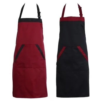 Preto Vermelho Unisex Chef de Cozinha, serviço de Catering Avental com 2 Pocket Cor Sólida Poliéster Impermeável Aventais