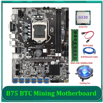 QUENTE-B75 ETH de Mineração placa-Mãe 12 PCIE USB LGA1155 Com G530 CPU+4GB DDR3 1600 mhz RAM+Ventilador de Refrigeração B75 BTC Mineiro