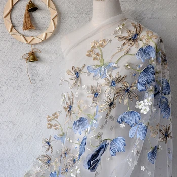 Renda bordada Tecido A Metro para Vestuário de Casamento Vestidos de Costura Branca Azul de Malha Fina de Fios de Ouro Thread Pano Suave de Verão