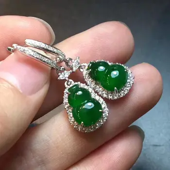 Requintado artesanato de prata incrustada cheio de diamantes naturais de calcedônia verde cabaça brincos retro requintado Chinês jóias