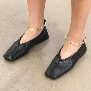 Retro Dedo Do Pé Quadrado Mulheres Flats Círculo De Metal Decoração Mocassim De Moda De Tecido De Sapatos De Mulher Senhoras Sapatos Sapatos Sandálias