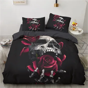 Rosa vermelha Crânio 3d Conjunto de roupa de Cama Esqueleto Roupa de Cama de Colcha de Capa de Edredão Conjuntos de Têxteis-Lar Decoração Camas de Solteiro Queen King Size Moda