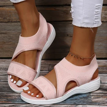 Sandálias Mulher De Verão 2022 Tecido Elástico Verão Sandalias Mulher De Salto Baixo Plana Sapatos Para Mulheres Deslizamento Casual De Luxo Em Sandálias 