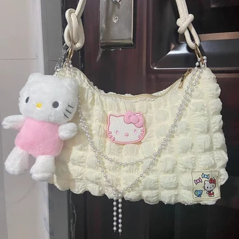 Sanrio Hello Kitty Cor Do Contraste Saco De Ombro Pérola Cadeia De Bolsa De Mão De Moda Nas Axilas Saco De Menina Sacola
