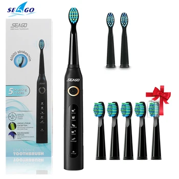 Seago SG-507 Sonic Escova de dentes Elétrica 5 Modelos Lavável Eletrônico Escova de Dentes Recarregável USB IPX7 Com 5pcs Cabeças de Escova