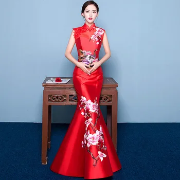Sereia Cauda estilo Asiático de Manga Curta Moda Vermelho Bordado de Noiva Casamento Qipao Longo Cheongsam Chinês Tradicional Vestido Retrô