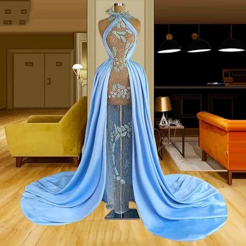 Sexy árabe de Dubai Vestido de Noite Longo 2022 Luxo Sereia com Overskirt Céu Azul das Mulheres Africanas Formal Prom Vestido de Festa