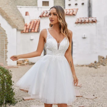 Simples, Duplo V-pescoço Curto Vestidos de Noiva de Tule Brilho de Uma linha de Mini-Vestido Festa de Casamento Appliqued vestidinho Branco