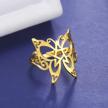 Skyrim Borboleta Pentagrama Anéis para as Mulheres de Aço Inoxidável da Cor do Ouro do Pentagrama Wicca Anéis Jóia Animal do Presente do Dia dos Namorados