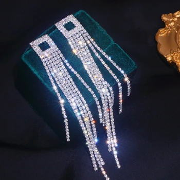 Strass brilhante de Longa Borla Brincos para Mulheres cheias de Cristal Dangle Brincos de Moda Nupcial Jóias de Casamento Acessório