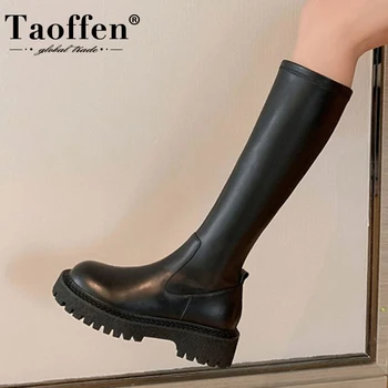 Taoffen Novo 2023 Mulheres Joelho Botas De Couro Real Robusto Ins Sapatos Da Moda Para A Mulher Da Moda De Inverno Longo, Botas De Tamanho De Calçado De 34-40