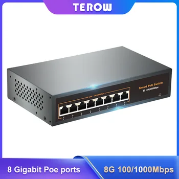Terow Poe Switch de 8 portas 1000 Mbps de Uplink Automática Ethernet 52V Rj45 Carcaça de Rede para Vigilância Ip/Câmeras do cctv