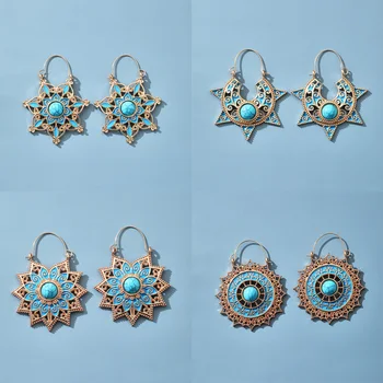 Tocona de Ouro Vintage Cor Azul Pedra Brincos para Mulheres do Metal da Liga Estrela Étnica Aro Oscila Mandala Brincos Boho Jóias