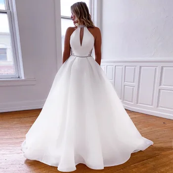 Uma Linha De Vestidos De Noiva 2022 Simples Heyhole Gola Alta Cristais De Vestidos De Noiva Branco De Organza Bolsos Do Robe De Mariage