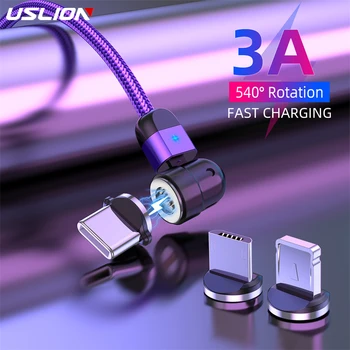 USLION 3A Magnéticos Micro USB Tipo C Cabo de Telefone Acessórios de Carregamento Para iPhone 7 8 Plus Xr 11 Xiaomi Redmi Carregador de Rotação de 540
