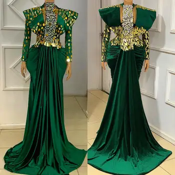Verde esmeralda Mermai Vestidos de Baile, com Gola Alta, Manga Longa de Veludo Espelho de Cristal Africana Aso Ebi Vestido de Noite Vestidos de gala