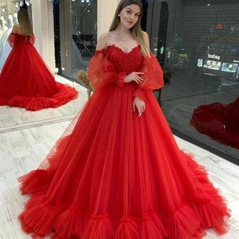 Vermelho Vestido de baile Vestidos de Noiva Querida Fora do Ombro Puffy Mangas em Camadas Skrt Boêmio Princesa Vestidos de Noiva Espartilho de Volta