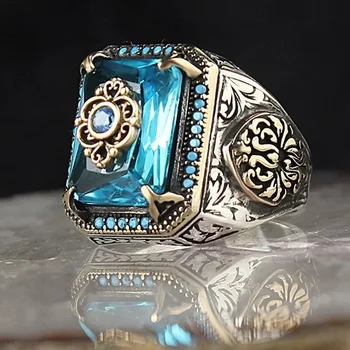 Vintage feito a mão turco Anéis de Luxo Homens Nobres Azul Zircão Anéis de Moda de religião Islâmica Muçulmana Jóias