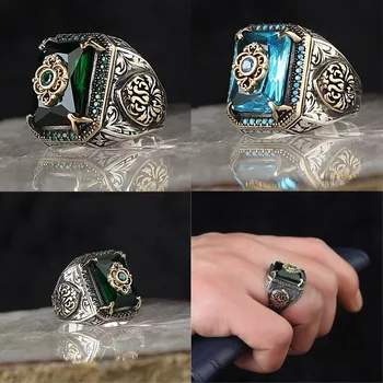 Vintage feito a mão turco Anéis de Luxo Homens Nobres Azul Zircão Anéis de Moda de religião Islâmica Muçulmana Jóias 1