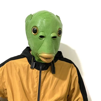 Halloween Máscara de Animal Engraçado Brinquedo Verde da Cabeça do Peixe de Borracha Festa Capacete Monster Arnês de Segurança Não-tóxico Face Cover de Desempenho Prop 2