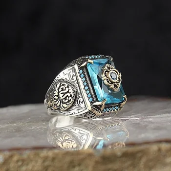 Vintage feito a mão turco Anéis de Luxo Homens Nobres Azul Zircão Anéis de Moda de religião Islâmica Muçulmana Jóias 2