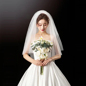 Elegante Curto de Noiva de Véu de Duas camadas, 75cm 2T com Metal Combe Branco para a Festa 2021 Nova Chegada 3