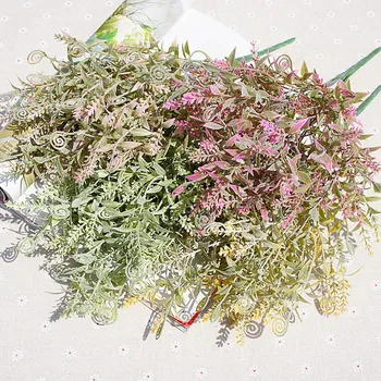 flores artificiais de plástico, folhas brancas fuzzy pó hipocampo grama falso plantas de casamento, decoração do arranjo acessório 5