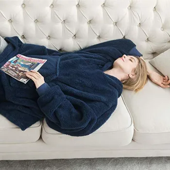Inverno Camisola com Capuz Cobertor Mulheres de grandes dimensões Cobertor de Lã Com Mangas Grande Bolso Quente Grossa TV Capuz Manto de Casal 5